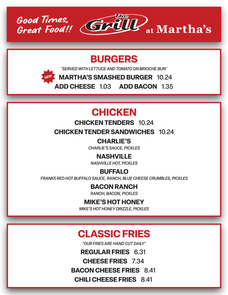 Martha's Grill Menu 2026
