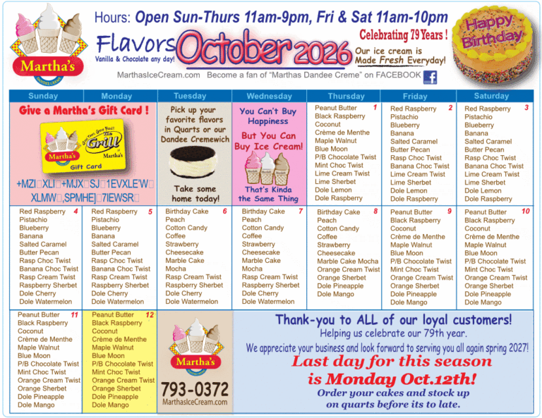 MARTHAS FLAVORS OCTOBER 1-12 2026